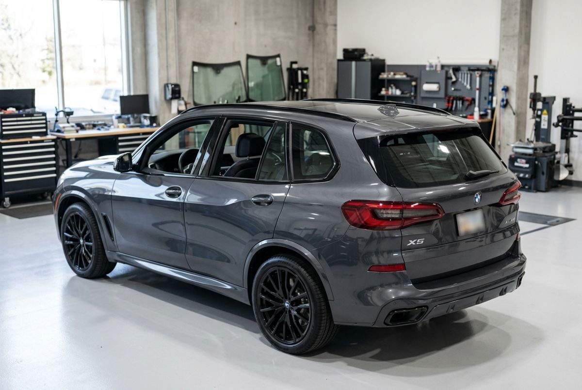 SUV vor der Scheibentönung mit klaren, ungetönten hinteren Scheiben in der Werkstatt von Servus Autoglas Ludwigshafen